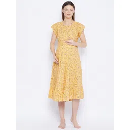 Hypernation Women Yellow & Red Floral Maternity A-Line Midi Dress-picture-18
