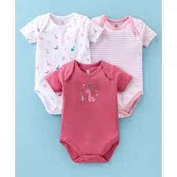 I Bears Interlock Cotton Half Sleeves Onesies Dino Print Pack of 3 - Pink & White-picture-20