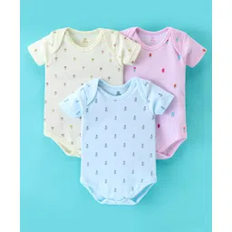 I Bears Interlock Cotton Half Sleeves Onesies Pineapple Print Pack of 3 - Purple Yellow & Blue-picture-17