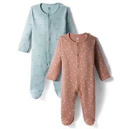 I Bears Interlock Knit Full Sleeves Sleep Suits with Polka Dots & Ship Print Pack of 2 - Brown & Light Blue-picture-22