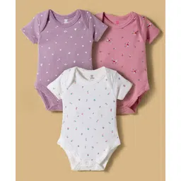 I Bears Interlock Knit Half Sleeves Onesies With Floral Print Pack of 3 - White Pink & Purple-picture-17