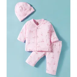 I Bears Knited Full Sleeves Co-ords Night Suit With Birds Print & Cap - Pink-picture-21