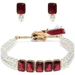 i jewels 18K Gold Plated Traditional Crystal Stone Pearl Studded Choker Necklace Jewellery Set for Women (ML287)-picture-28