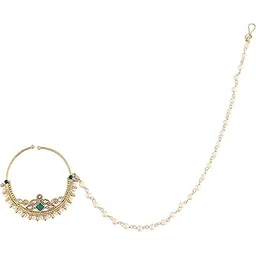 i jewels 18k Gold Plated Traditional Ethnic Bridal Nose Ring/Nath Without Piercing with Pearl Chain Encased with Pearl Stone for Women/Girls (NL38)-picture-35