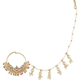 i jewels 18k Gold Plated Traditional Ethnic Bridal Nose Ring/Nath without piercing with Pearl Chain Encased with Pearl Stone for Women/Girls (NL39)-picture-28