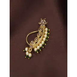 I Jewels Gold-Plated & Green Pearl Studded & Beaded Maharashtrian Nosepin-picture-32