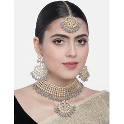 I Jewels Gold-Plated & Grey Kundan Studded Chocker Jewellery Set-picture-23