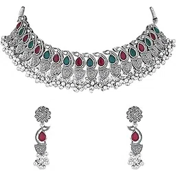 i jewels Navratri Silver Oxidised Afghani Ghungroo Drop Choker Necklace Jewellery Set With Earrings For Women-picture-54