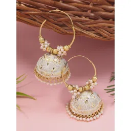 I Jewels White and Gold-Plated Beaded Traditional Jhumkas Earrings-picture-11