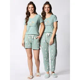 I like me Women Green & Yellow Conversational Printed Pure Cotton Night Suit with Shorts-picture-23