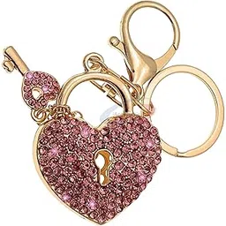 iaccessories Crystal Heart Lock and Key Keychain | Romantic Gold-Tone Key Ring with Pink Rhinestones for Car & Bike | Cute Bag & Purse Charm for Women and Girls | Gift for Couples - Pink-picture-11