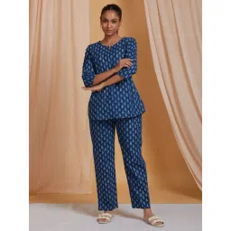 Ichaa Blue Cotton Floral 3/4th sleeves Night Suits-picture-22