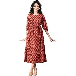 ichaa Women Ethnic Print Puff Sleeve Maternity Fit & Flare Midi Dress-picture-21