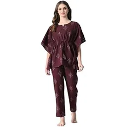 ichaa Women's Cotton Printed Night Wear Kaftan with Matching Bottom Night Suit Set-picture-39