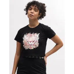 Iconic Black Cotton Printed Crop T-Shirt-picture-28