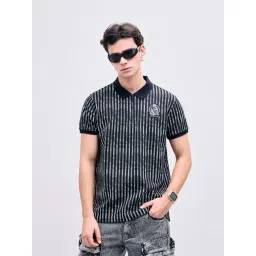 Iconic Black Regular fit Stripes Polo T-Shirt-picture-32