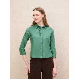 Iconic Green Solid Collared Neck Printed Ruffle Detail Shirt-picture-21