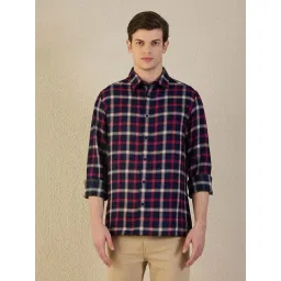 Iconic Men Navy Blue Check Pure Cotton Collared Shirt-picture-38