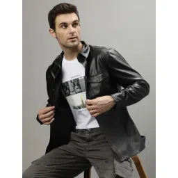 Iconic Men Solid Regular Fit Leather Jacket-picture-37