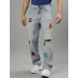 Iconic Men Wide Leg Typography Printed Low Distressed Heavy Fade Jeans-picture-26