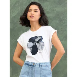 Iconic Women Biker Self Design Extended Sleeves Pure Cotton Applique T-shirt-picture-12