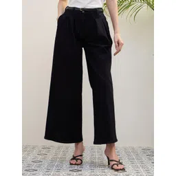 Iconic Women Solid Flared Mid-Rise Pleated Regular Trousers-image-43