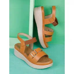 ICONICS Tan Wedge Sandals with Buckles-picture-42