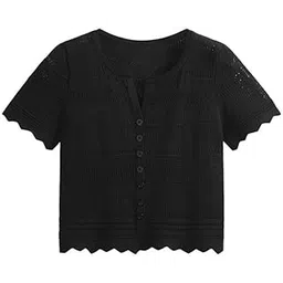 icw Women Acrylic Slim Fit Knit-Rib Acrylic Crochet Hollow Out Button-Up Crop Top T-Shirt,Black,Small-picture-20