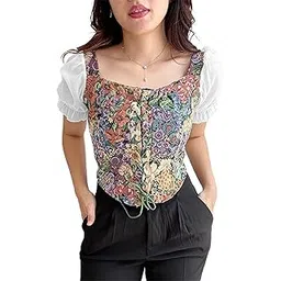 icw Women French Style Retro Vintage Lace-Up Floral Jacquard Square Neck Smock Puff Sleeve Ruffled Crop Blouse Corset Top Dn23-picture-32