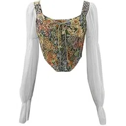 icw Women French Style Retro Vintage Lace-Up Floral Jacquard Square Neck Smock Puff Sleeve Ruffled Crop Blouse Corset Top Dn29-picture-45