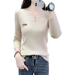 icw Women Knitted Ribbed V-Neck Long-Sleeves Pull Over Sweater Top T-Shirt Dn75 (One Size Fit XS-S-M)-picture-16