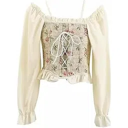 icw Women Korean Retro Style Vintage Floral Jacquard Lace-Up Off-The-Shoulder Smock Puff Sleeve Ruffled Crop Blouse Corset Top Dn81 (One Size XS-S)-picture-20