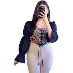 icw Women Retro Style Floral Jacquard Square Neck Smock Long Puff Sleeve Ruffled Crop Blouse Corset Top Dn2410-picture-54