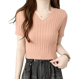 icw Women's Acrylic Knitted Ribbed Half Sleeve V-Neck Self Design Crop Top T-Shirt 128-picture-22