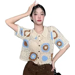 icw Women's Boho Knitted Collar Crochet Hollow Out Short-Sleeve Button Up Crop Top Shirt DN788-picture-19