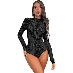 icw Women's Elegent Embroidery Turtle Neck Mesh Transparent Hollow Backless Thin Bodysuit BodyCon Top-picture-22