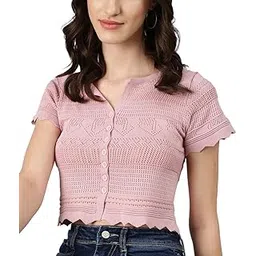icw Women's Knit-Rib Acrylic Crochet Hollow Out Button-Up Crop Top T-Shirt for Girls (Bust Size 28-32 Inch)-picture-24