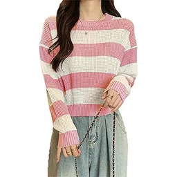 icw Women's Knitted Hollow Out Color Block Long Sleeve Stripe Pullover Top T-Shirt Dn65 (One Size Fit XS-S-M-L)-picture-30