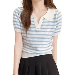 icw Women's Knitted Ribbed Half Sleeve Horizontal Striped Polo Neck Collar Crop Top T-Shirt DN87 (One Size Fit XS-S)-picture-38
