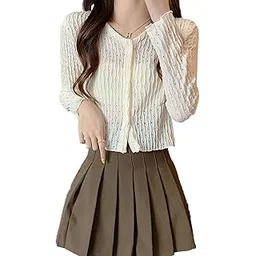 icw Women's Knitted Ribbed Hollow Out Button-Up Self Design Pleated V-Neck Short Sleeve Crop Top T-Shirt DN594-picture-12