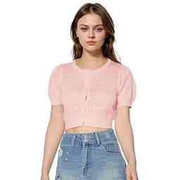 icw Women's Knitted Ribbed Hollow Out Button-Up Self Design Round Neck Puff Sleeve Cardigan Crop Top T-Shirt DN591-picture-47