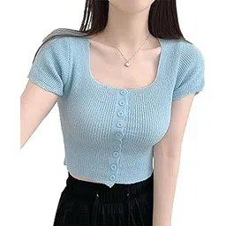 icw Women's Knitted Ribbed Hollow Out Button-Up Self Design Square Neck Short Sleeve Crop Top T-Shirt DN593-picture-54