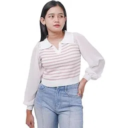 icw Women's Knitted Ribbed Long Sleeve Horizontal Striped Polo Neck Collar Crop Top T-Shirt DN80-picture-15