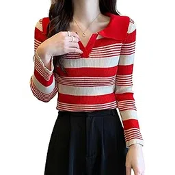 icw Women's Knitted Ribbed Long Sleeve Horizontal Striped Polo Neck Collar Top T-Shirt DN51-picture-19