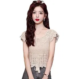 icw Women's Knitted Short Sleeve Transparent Sheer Crochet Hollow Out Crop Top T-Shirt Bohemian Blouses,Holiday Outfit 455-picture-29
