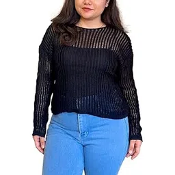 icw Women's Knitted Transparent Hollow Out Loose Round Neck Long-Sleeve Color Block Stripe Pullover Top T-Shirt Dn11 (ONE Size FIT S-M-L)-picture-28