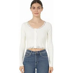 icw Women’s Long-Sleeve Cropped Lace Trim Cardigan DN56028-picture-10