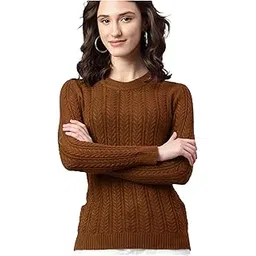 icw Women's Ribbed Cable-Knit Self Design Long-Sleeve Round Neck Woolen Pullover T-Shirts Top Sweater DN85-picture-29