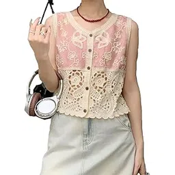 icw Women's Vintage Sleeveless Hollow Out V-Neck Button-Front with Embroidered Floral Pattern Crochet Top Jacket DN33493-picture-37