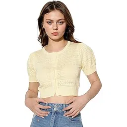 icw Women's Knitted Ribbed Hollow Out Button-Up Self Design Round Neck Puff Sleeve Cardigan Crop Top T-Shirt DN591 image 1